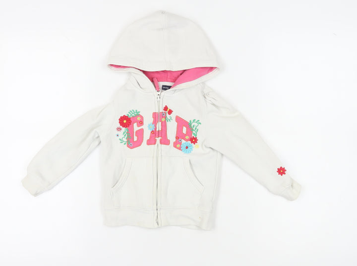 GAP Girls White Full Zip Embroidered Hoodie 4 Years