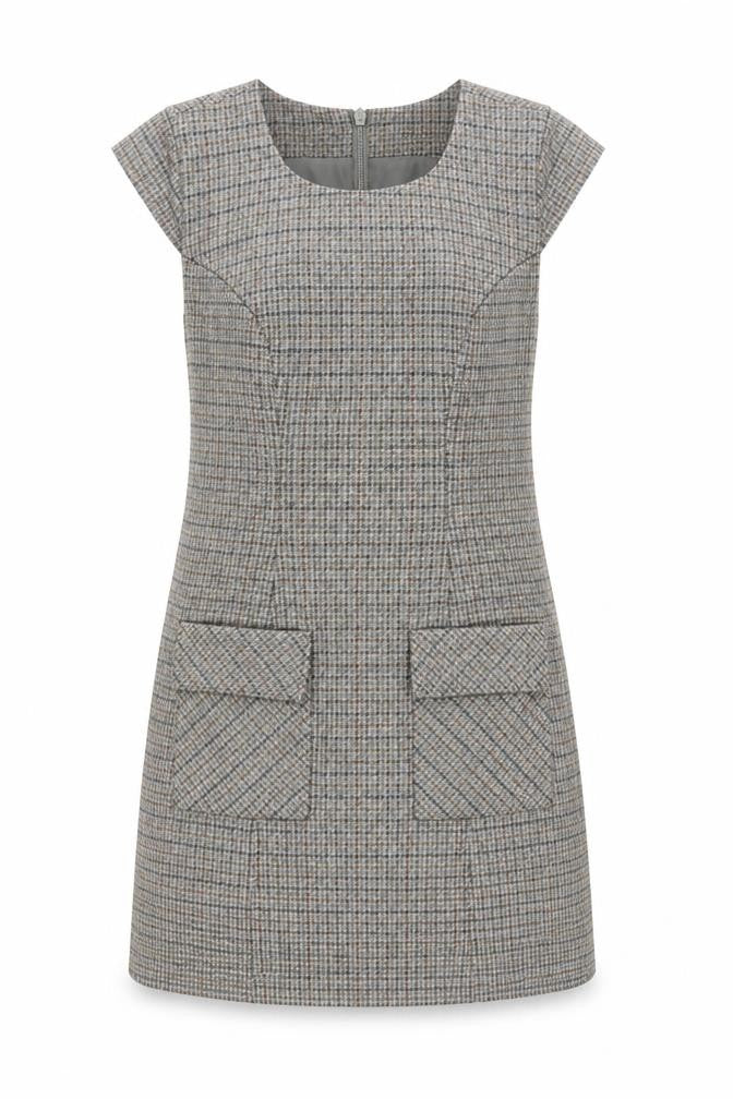 Front view of Next Women's Grey Check Shift Dress, size 8