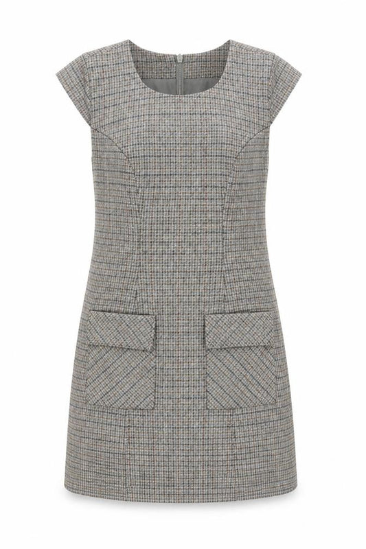 Front view of Next Women's Grey Check Shift Dress, size 8