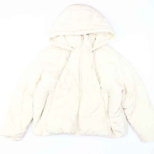 Zara Women's White Puffer Jacket, Size L, Hooded, Winter Casual
