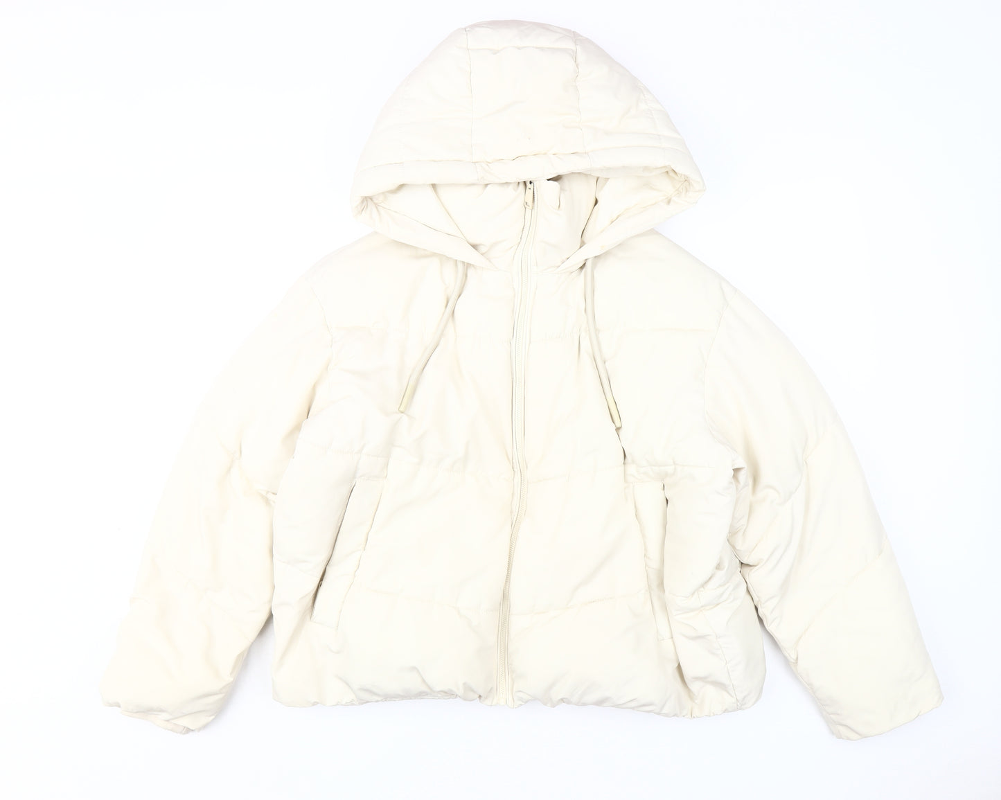 Zara Women's White Puffer Jacket, Size L, Hooded, Winter Casual