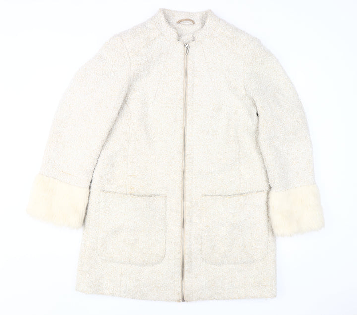 Cotton Traders Women's Ivory Wool Coat, Size 14, Fur Trim