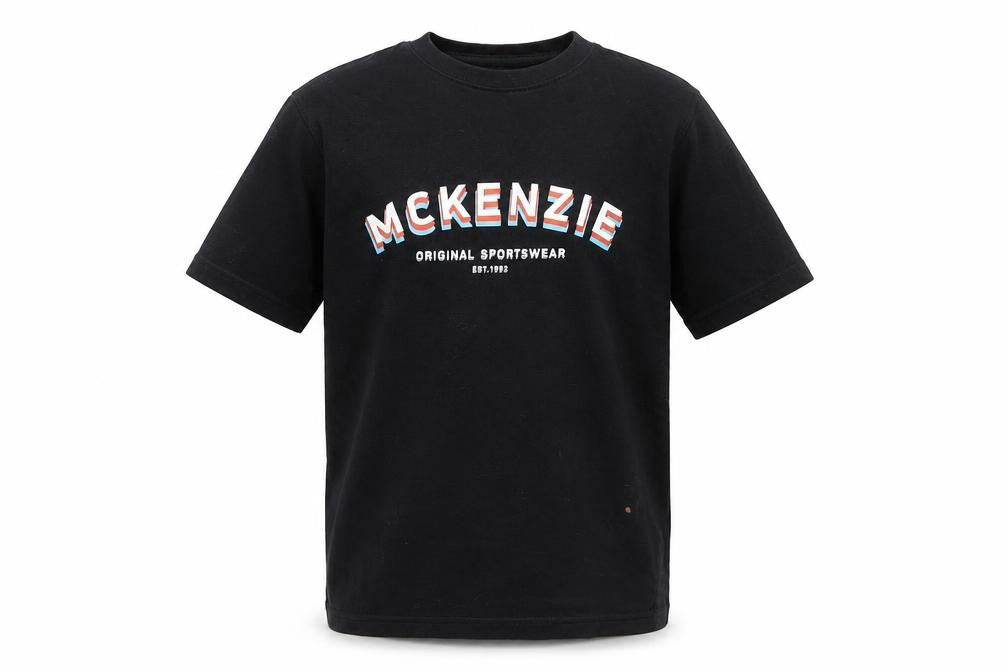 Front view of McKenzie boys’ black t-shirt, size M, casual graphic logo
