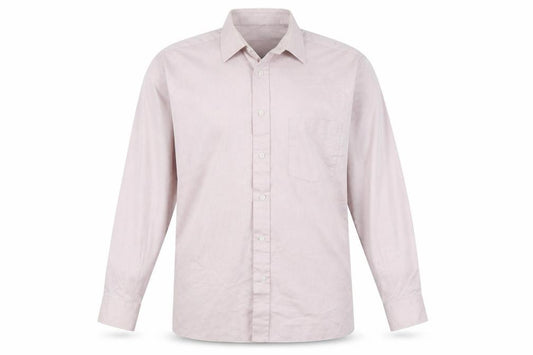 Front view of Peter England men’s beige long sleeve button-up shirt