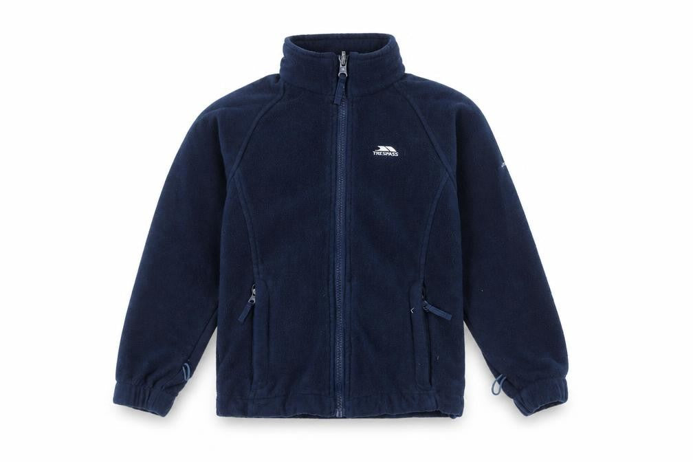 Front view of Trespass boys’ blue fleece jacket, full zip, 5-6 years