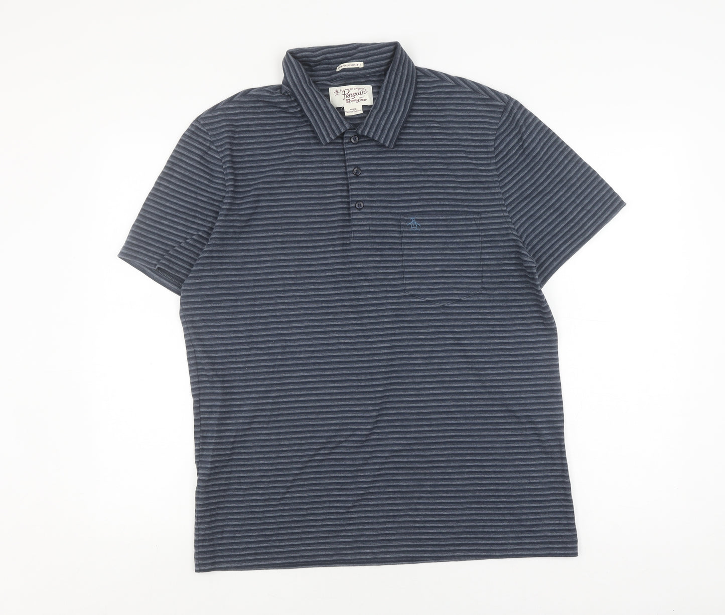 Original Penguin Men's Grey Striped Polo Shirt L