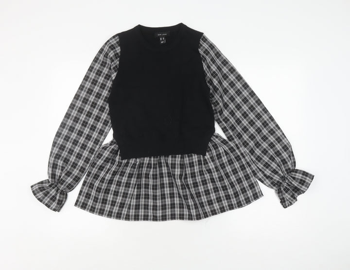 New Look Women's Black Plaid Balloon Sleeve Top Size 10