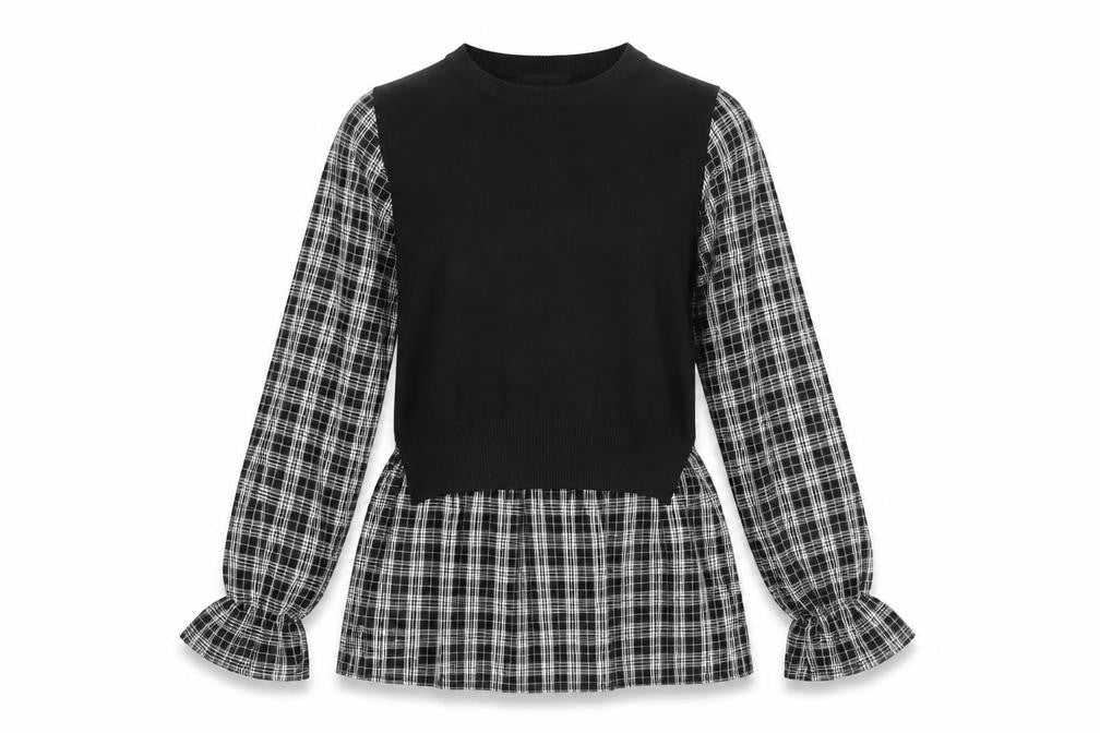 Front view of New Look Women's Black Plaid Balloon Sleeve Top, size 10
