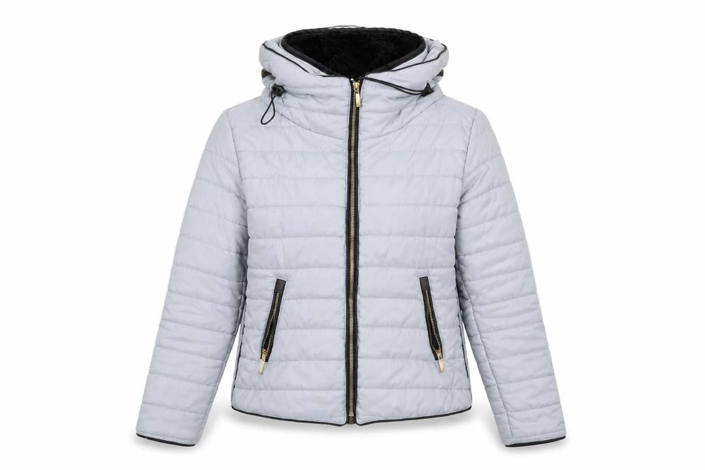 Front view of Women's Grey Puffer Jacket, size S, Winter Hooded Coat