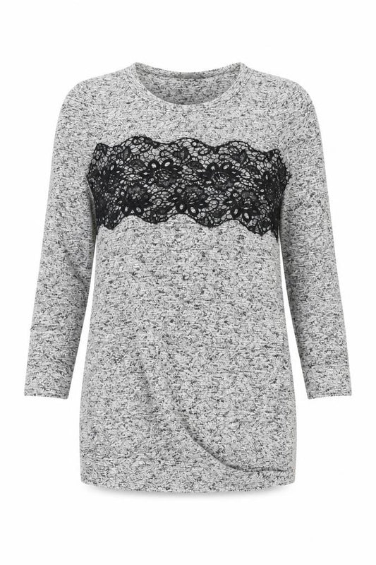 Front view of Next Women's Grey Lace Accent Long Sleeve Top, size 10