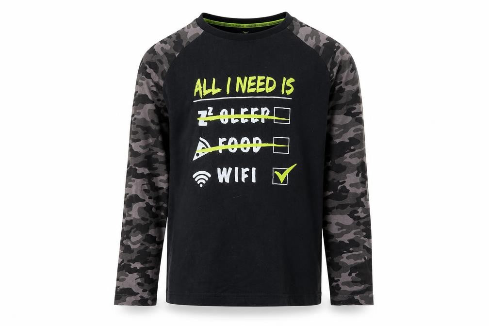 Front view of Threadboys boys’ black camouflage long sleeve t-shirt 9-10 years
