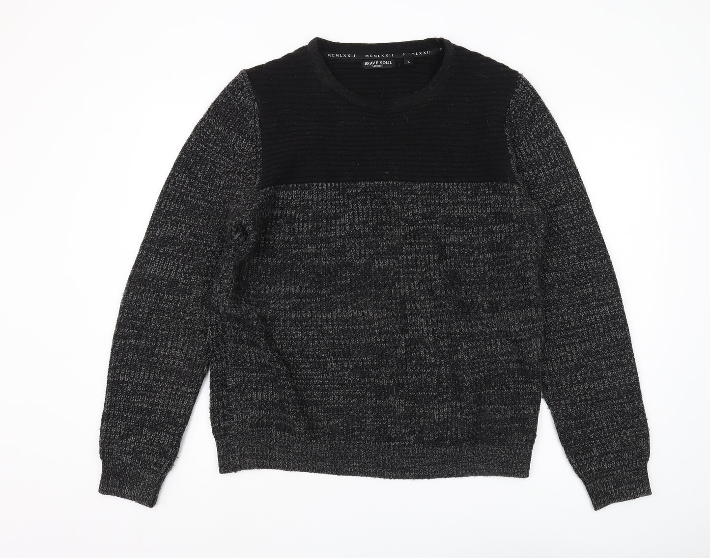 Brave Soul Men’s Black Crew Neck Pullover Jumper Large