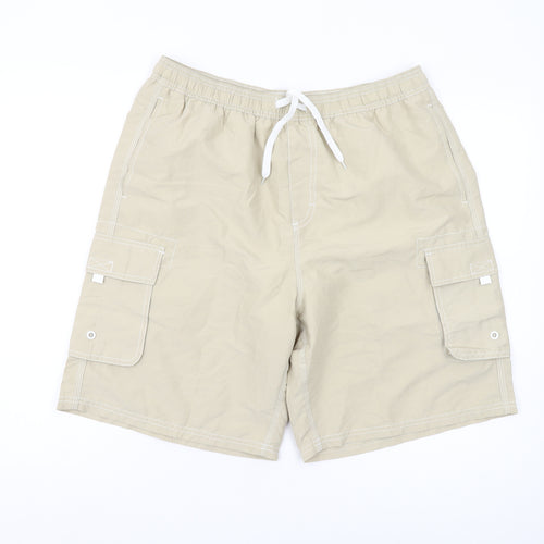 Outdoor Sports Men's Beige Swim Shorts, Size L, Elastic Waist