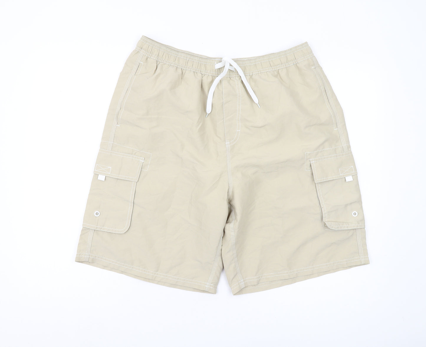 Outdoor Sports Men's Beige Swim Shorts, Size L, Elastic Waist