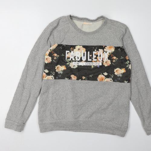 Bershka Women's Grey Floral Graphic Sweatshirt L