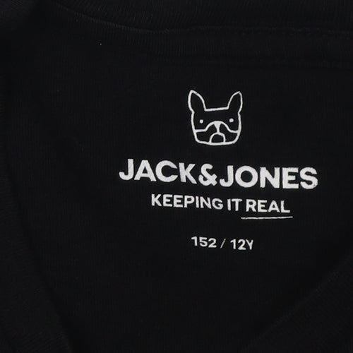 Jack & Jones Boys Black Graphic T-Shirt, Size 12, Crew Neck