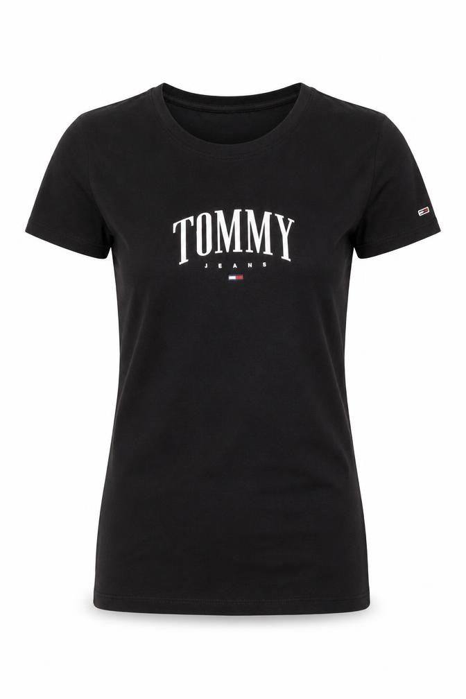 Front view of Tommy Jeans Black T-Shirt, Men's Small, Logo Accent