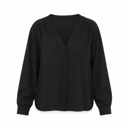 Front view of ASOS Women's Black Blouse, UK, size 8, V-Neck Long Sleeve