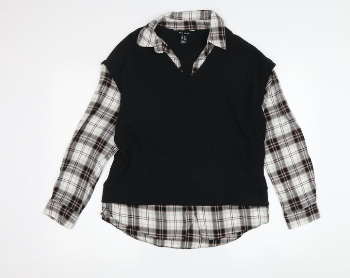 New Look Women's Black Plaid Cropped Button-Up