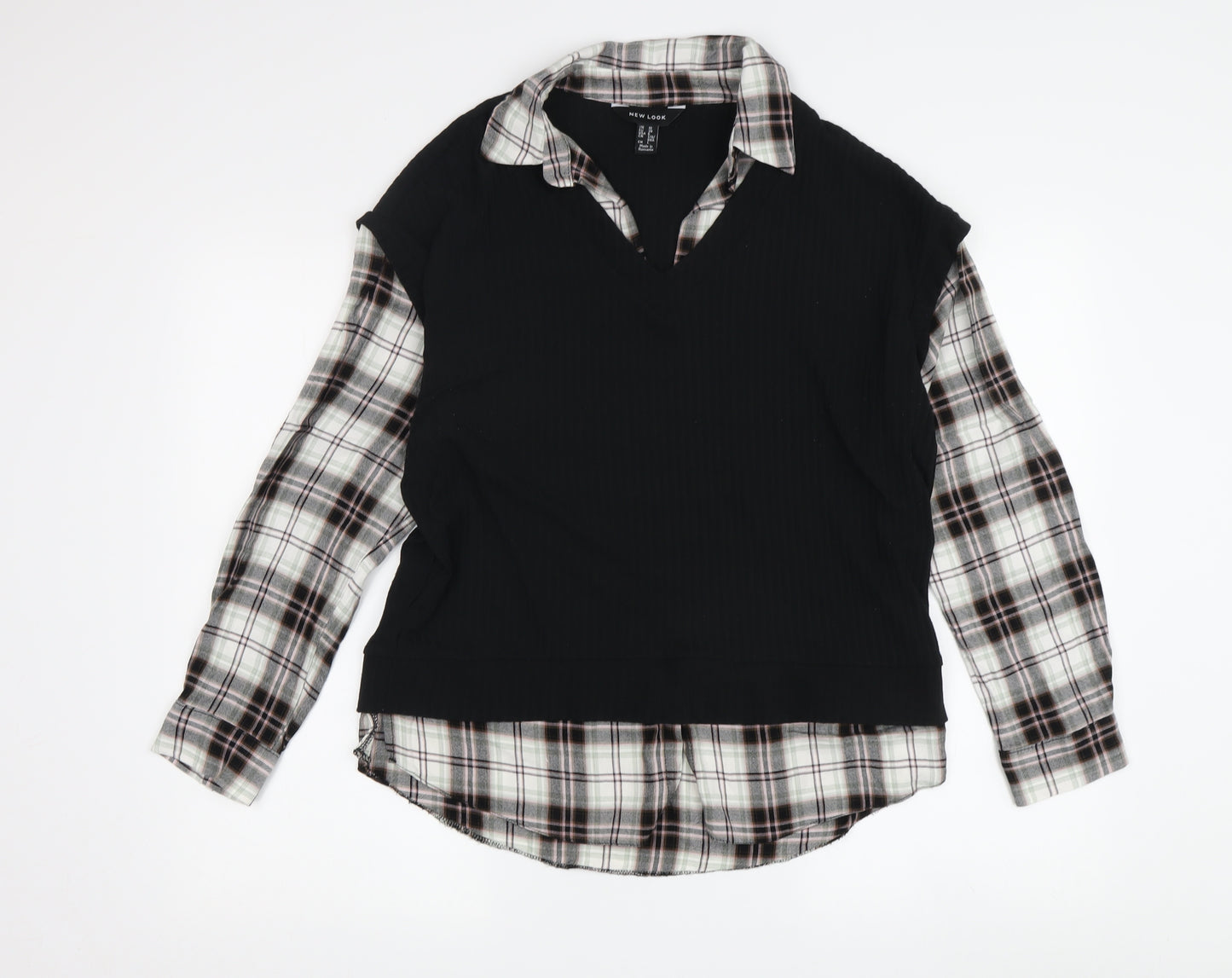 New Look Women's Black Plaid Cropped Button-Up