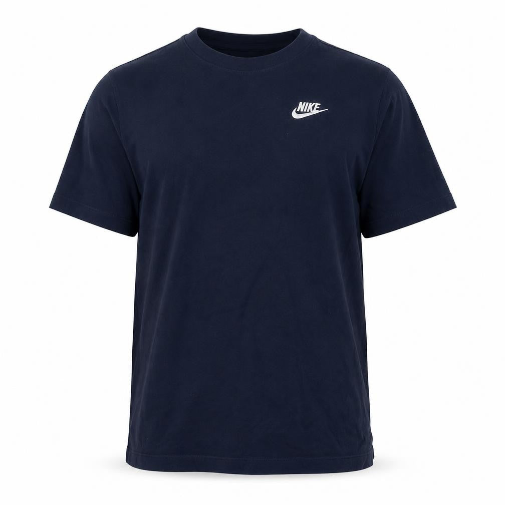 Front view of Nike Men's Blue Crew Neck T-Shirt, size M, Logo Accent