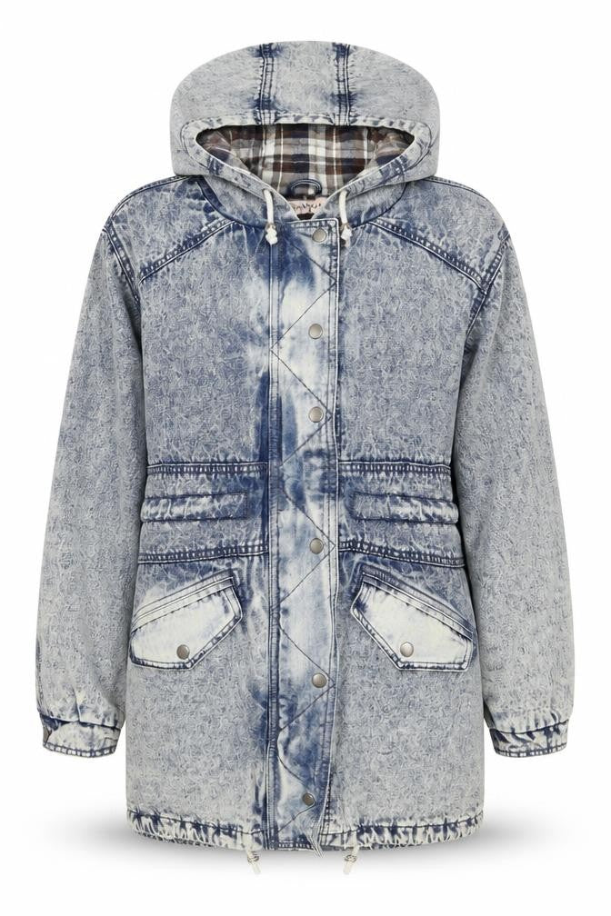 Front view of Naanaa Women's Blue Denim Hooded Anorak Jacket, size M