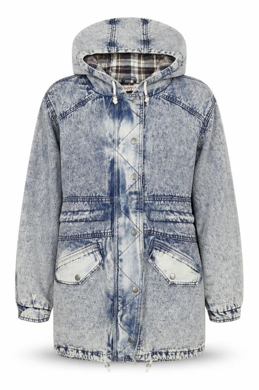 Front view of Naanaa Women's Blue Denim Hooded Anorak Jacket, size M