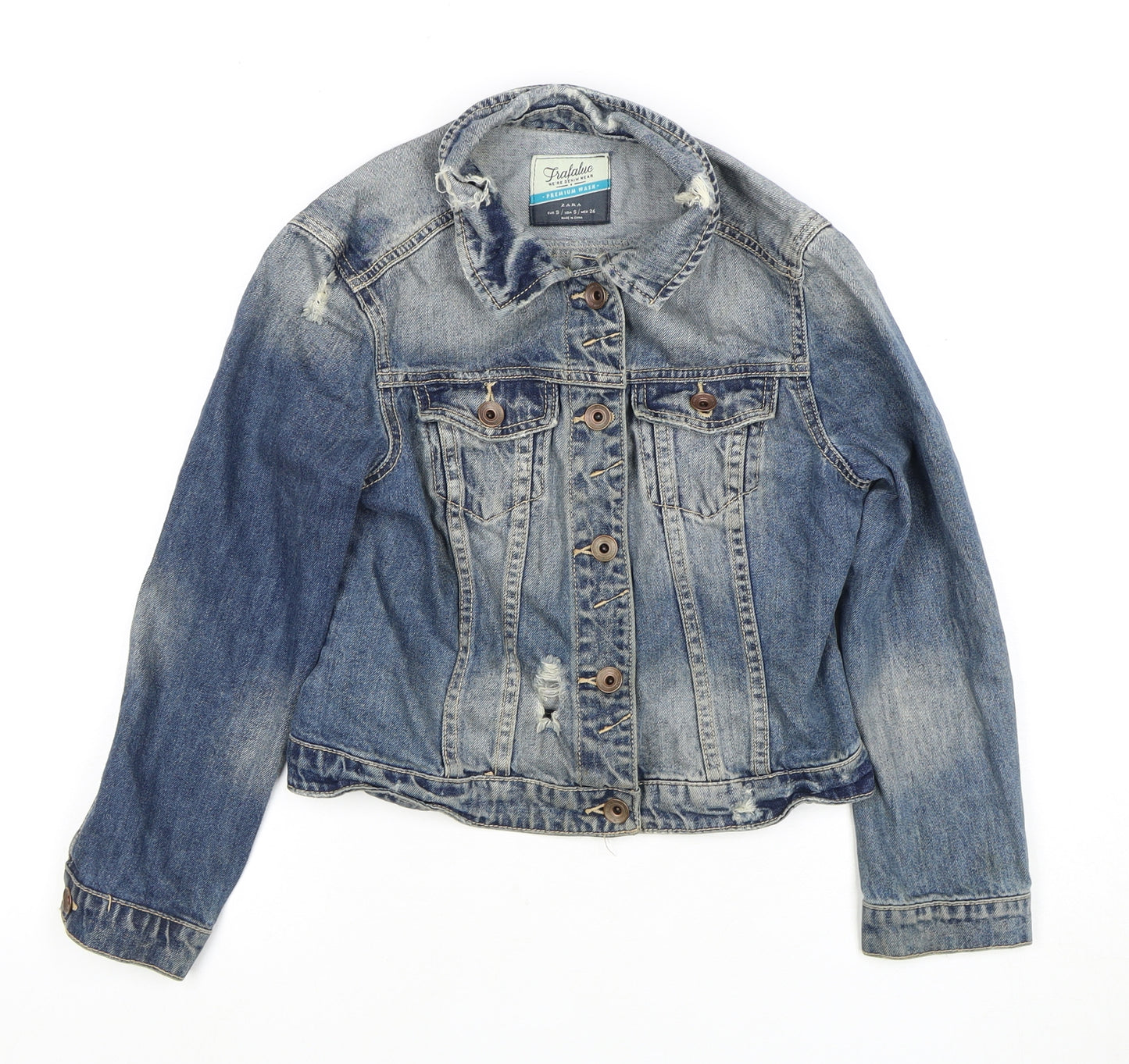 Zara Girls Blue Denim Jacket Size S Ripped Casual