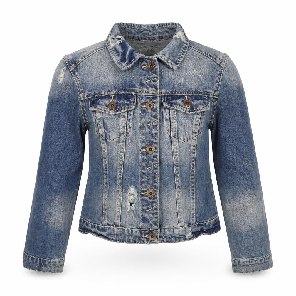 Front view of Zara girls’ blue denim jacket, size S, ripped casual