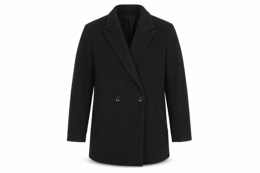 Front view of H&M Men’s Black Overcoat S - Lined, Button Closur