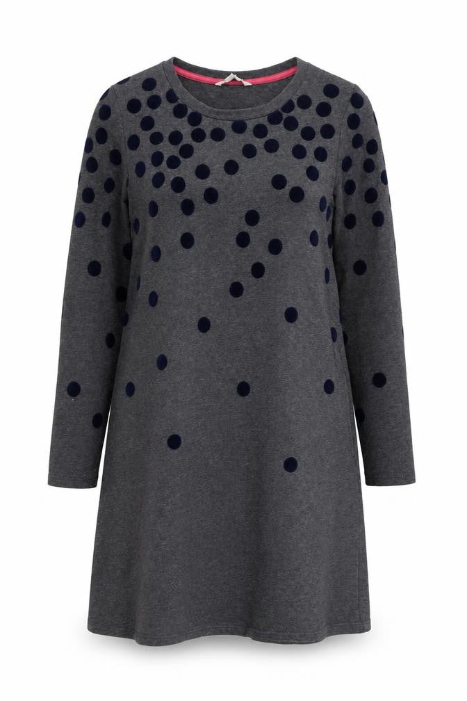 Front view of Boden Women's Grey Polka Dot Shift Dress, size 12
