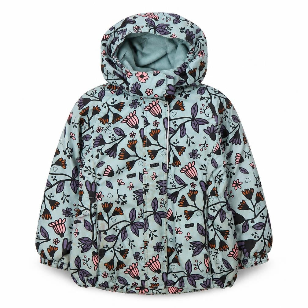 Front view of Lassie girls’ blue floral rain coat jacket, size 104