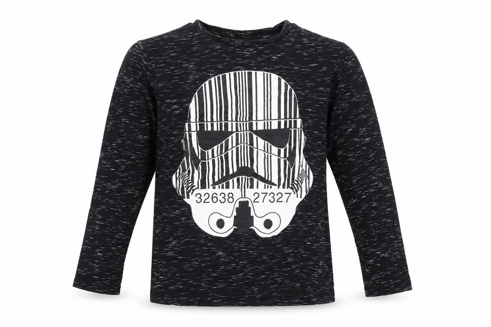 Front view of Star Wars boys’ black long sleeve stormtrooper t-shirt (age 7)