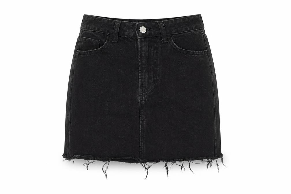 Front view of H&M women’s black denim mini skirt, size UK 6