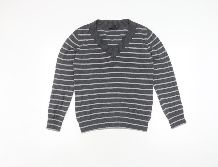 Gap Women's Grey Striped V-Neck Pullover Jumper M