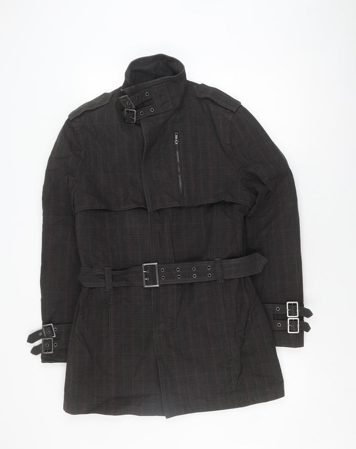 H&M Men's Black Check Belted Coat Size 40 - Casual & Stylish