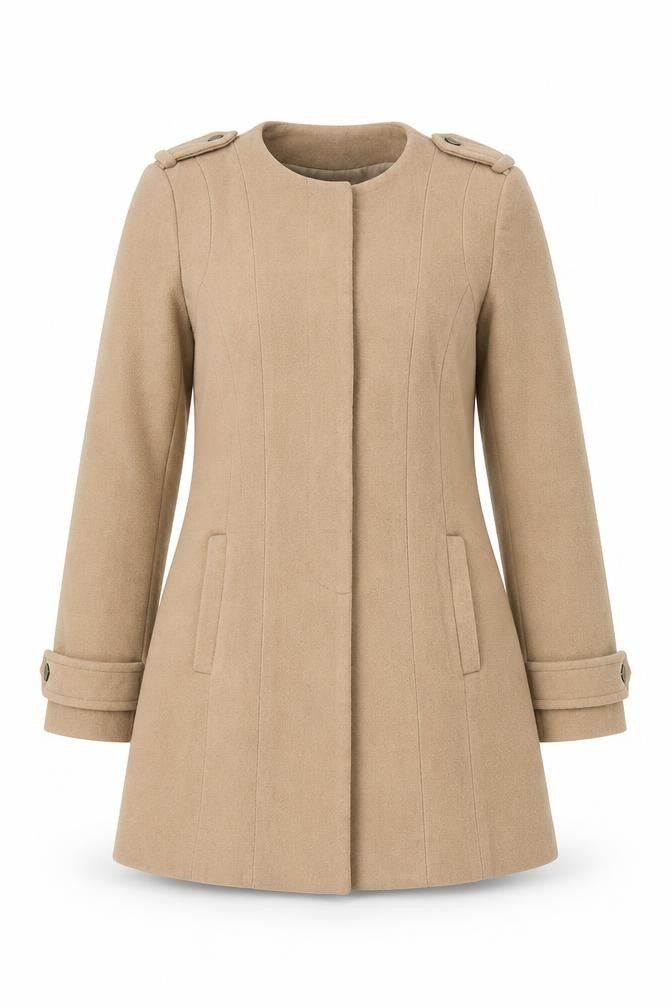 Front view of Carina Duek Women's Beige Mid-Length Wool Coat