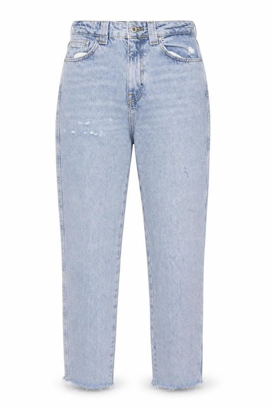 Front view of Zara Women's Blue Mom Jeans, size 6, High Rise Distressed