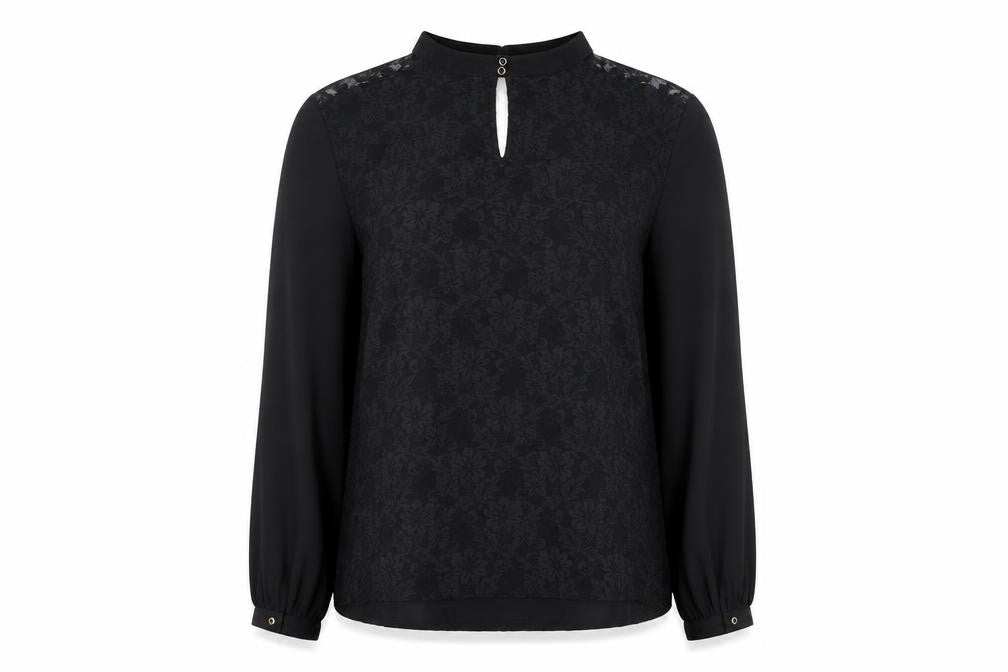 Front view of KAZO Women's Black High Neck Lace Blouse