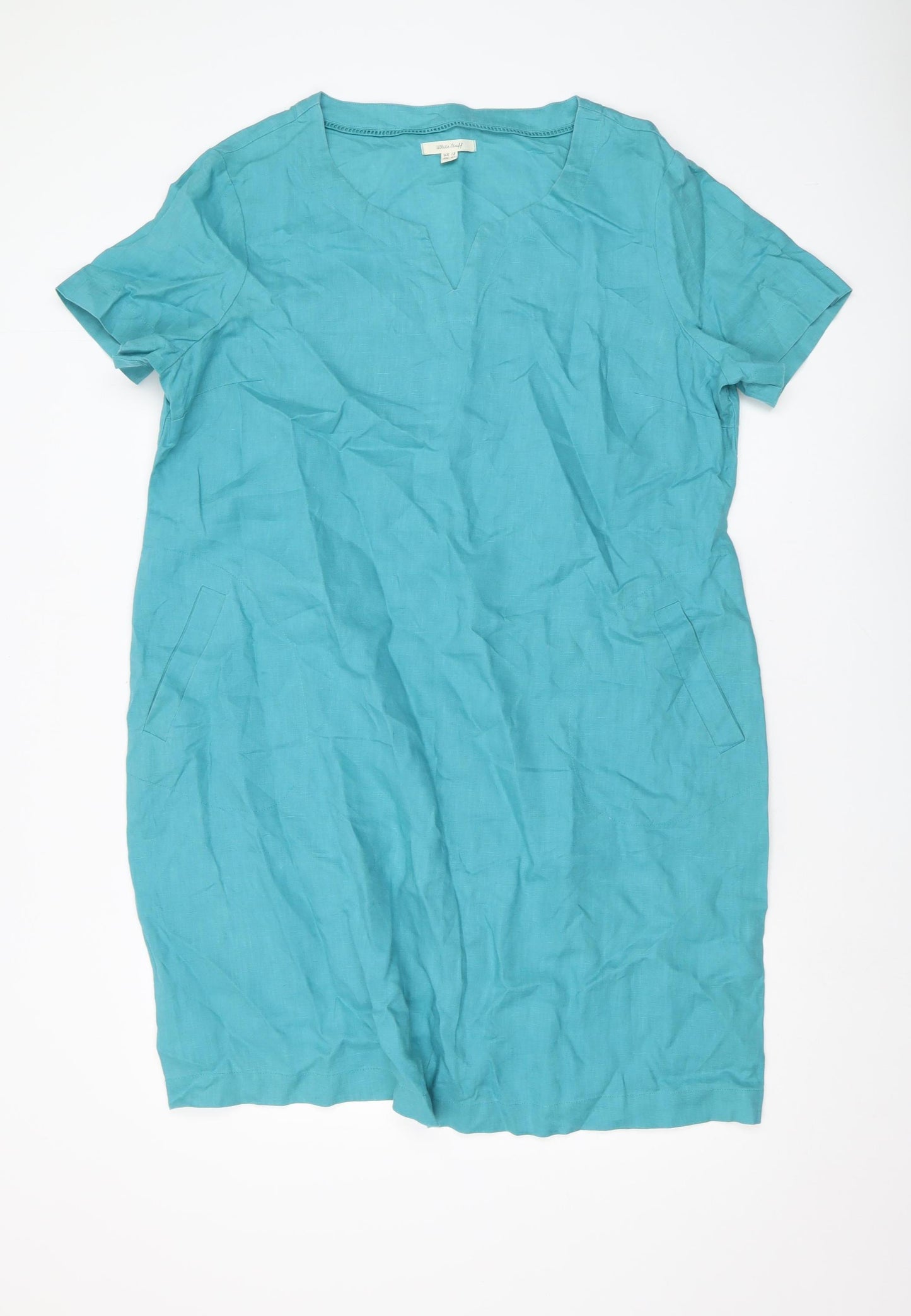 White Stuff Women's Blue Linen Dress, Size 18, Short Sleeve