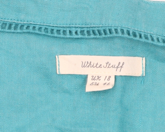White Stuff Women's Blue Linen Dress, Size 18, Short Sleeve