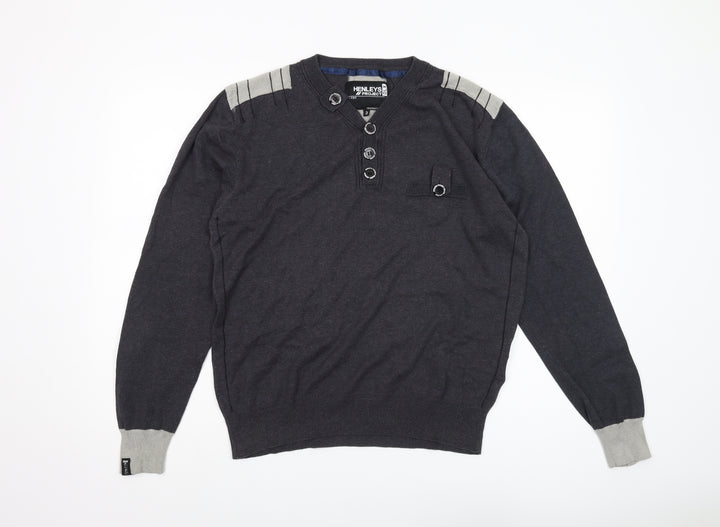 Henleys Men's Grey Henley Jumper, M, Long Sleeve, Button Accent
