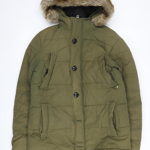skøvde Women's Green Parka Coat, Size S, Hooded, Fur Trim