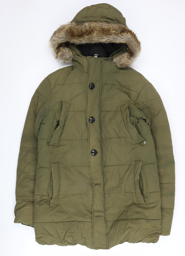 skøvde Women's Green Parka Coat, Size S, Hooded, Fur Trim