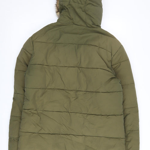 skøvde Women's Green Parka Coat, Size S, Hooded, Fur Trim