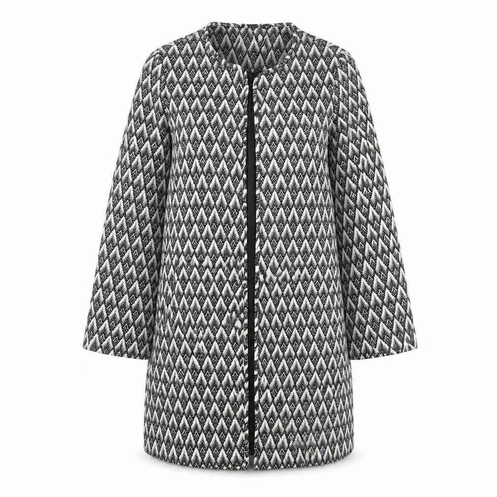 Front view of H&M Women's Black Geometric Overcoat, size 10