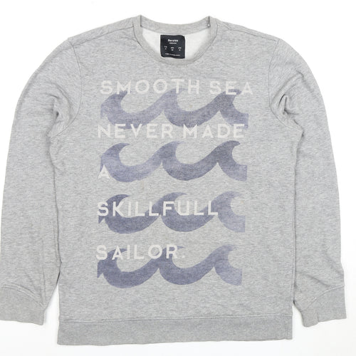 Bershka Men's Grey Marine Quote Graphic Sweatshirt M