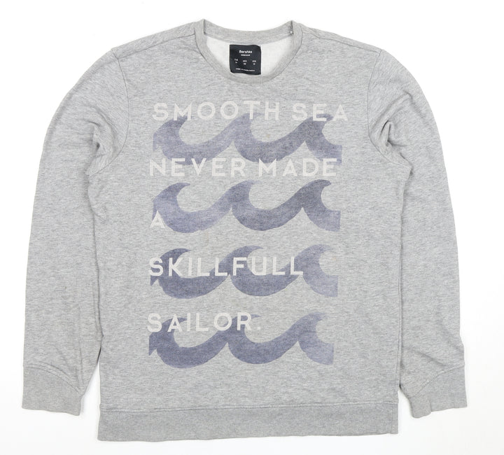 Bershka Men's Grey Marine Quote Graphic Sweatshirt M