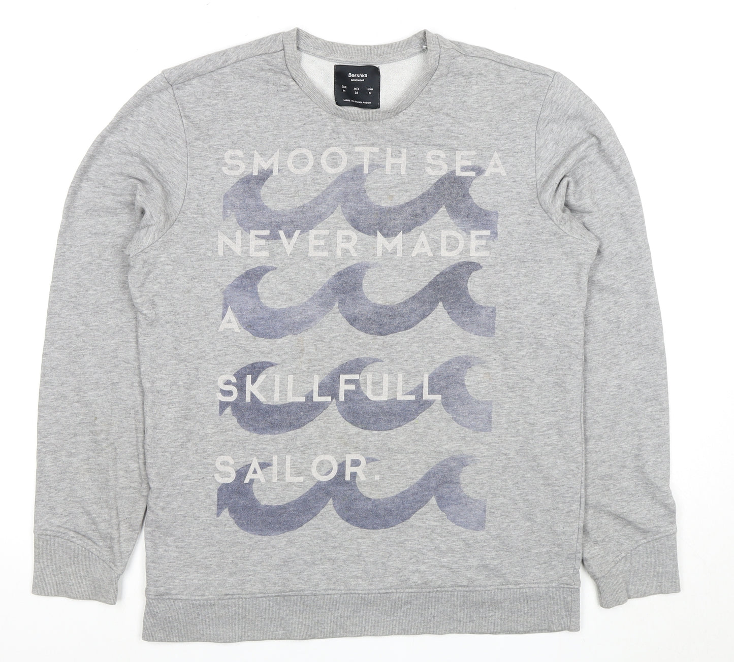 Bershka Men's Grey Marine Quote Graphic Sweatshirt M