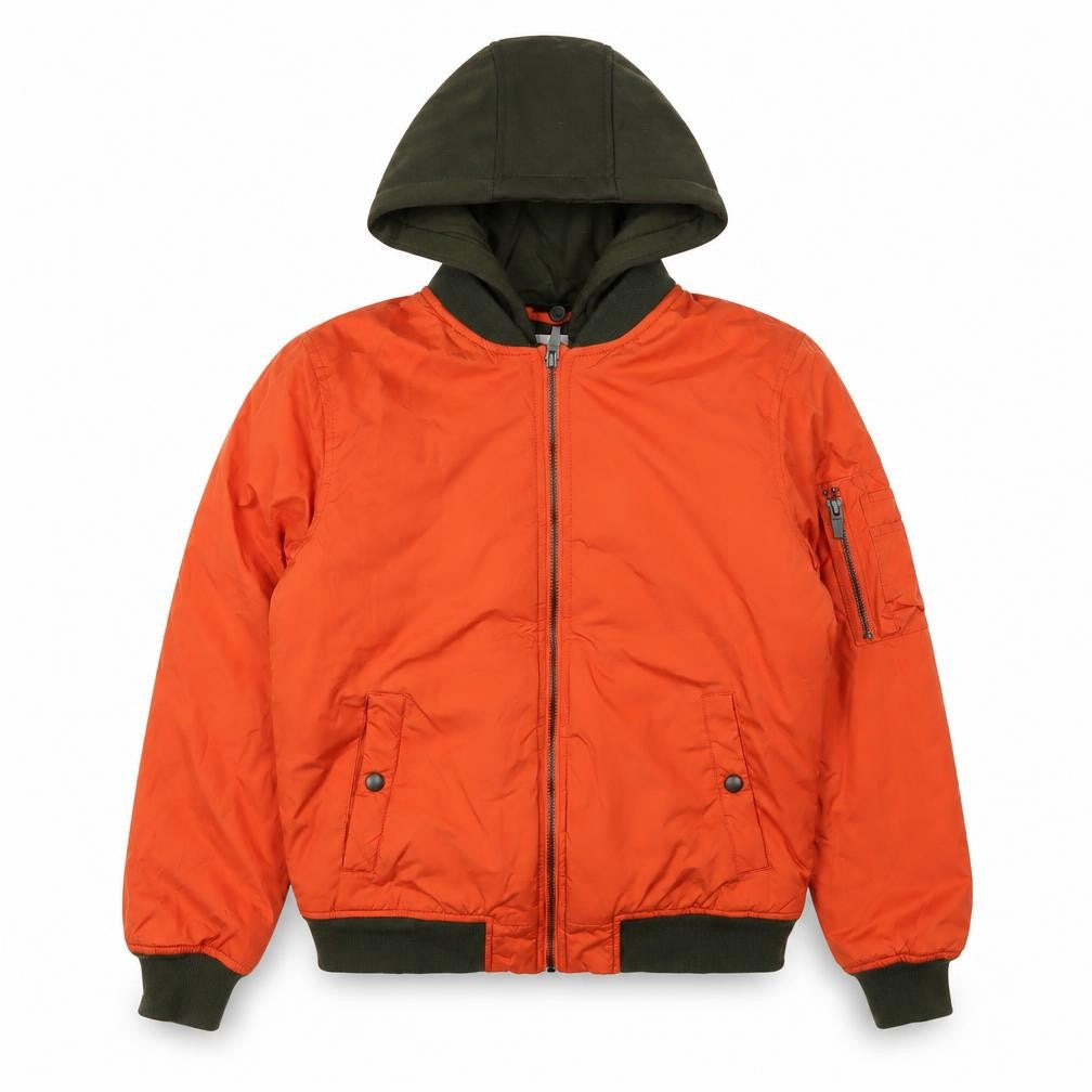 Front view of Zara boys’ orange bomber jacket, hooded, size 10